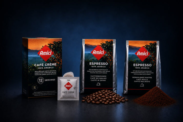 Amici Kaffee-Sortiment: Café Crème Pads, Espresso Bohnen und gemahlener Espresso
